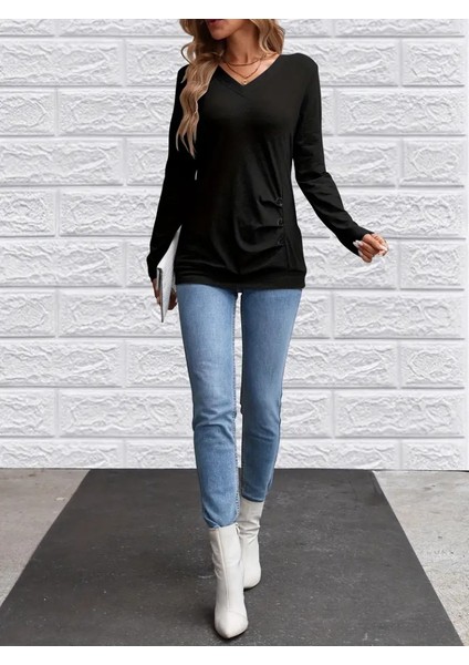 Üçaymoda Kadın Uzun Kollu V Yakalı Yandan Düğme Detay Yün Viskon Bluz modelleri