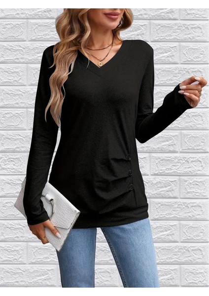 Üçaymoda Kadın Uzun Kollu V Yakalı Yandan Düğme Detay Yün Viskon Bluz fırsatları