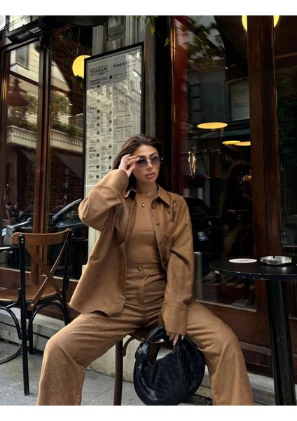 Üçaymoda Süet Gömlek Palazzo Pantolon Ikili Takım - Kahve