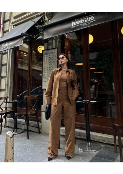 Üçaymoda Süet Gömlek Palazzo Pantolon Ikili Takım - Kahve