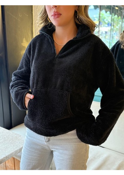 Üçaymoda Kadın Uzun Kollu Önden Fermuarlı Cepli Peluş Sweat indirimleri