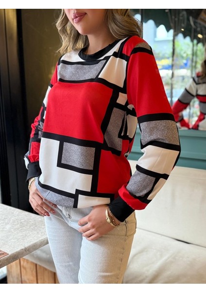 Üçaymoda Kadın Uzun Kollu Bisiklet Yaka Renkli Blok Baskı Dalgıç Bluz