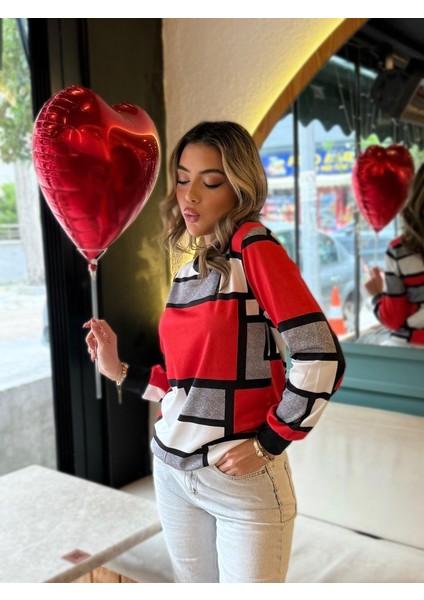 Üçaymoda Kadın Uzun Kollu Bisiklet Yaka Renkli Blok Baskı Dalgıç Bluz modelleri