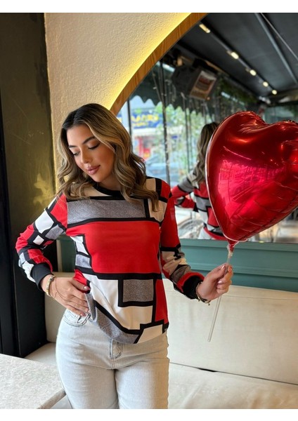 Üçaymoda Kadın Uzun Kollu Bisiklet Yaka Renkli Blok Baskı Dalgıç Bluz fırsatları