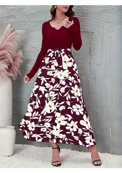 Üçaymoda Kadın Uzun Kollu Yaka Açık Üst Kaşkorse Beli Kuşaklı Alt Çiçek Baskılı Dalgıç Elbise