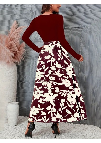 Üçaymoda Kadın Uzun Kollu Yaka Açık Üst Kaşkorse Beli Kuşaklı Alt Çiçek Baskılı Dalgıç Elbise fırsatları