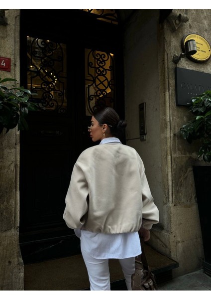 Üçaymoda Kaşe Kaşmir Fermuarlı Ceket - Bej