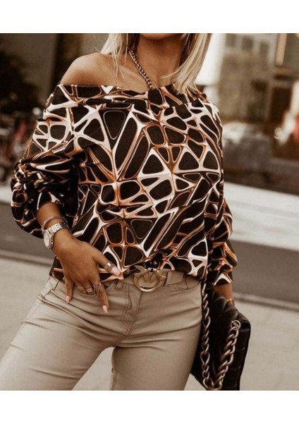 Üçaymoda Kadın Uzun Kollu V Yaka Düşük Omuz Geometrik Desen Şardonlu Dalgıç Bluz