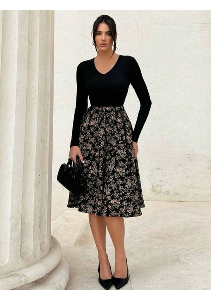 Üçaymoda Kadın Uzun Kollu V Yakalı Üst Viskon Alt Çiçek Desenli Süprem Kısa Elbise