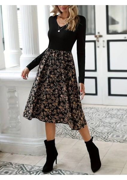 Üçaymoda Kadın Uzun Kollu V Yakalı Üst Viskon Alt Çiçek Desenli Süprem Kısa Elbise fırsatları