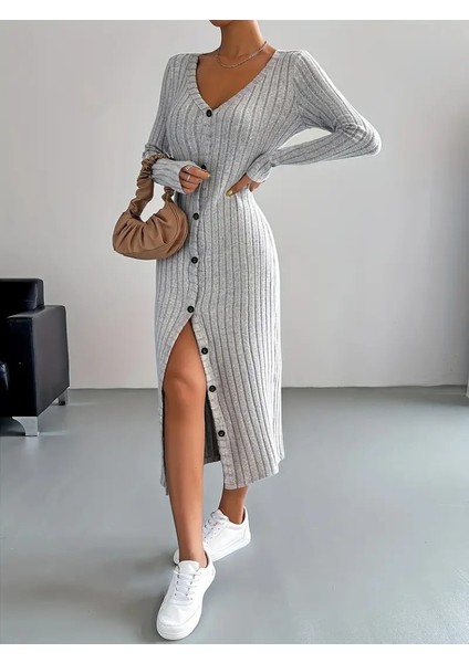 Üçaymoda Kadın Uzun Kollu V Yakalı Önden Düğmeli Şardonlu Kaşkorse Elbise