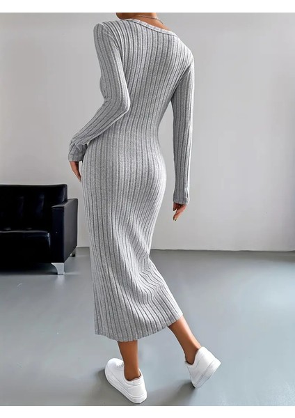 Üçaymoda Kadın Uzun Kollu V Yakalı Önden Düğmeli Şardonlu Kaşkorse Elbise fırsatları