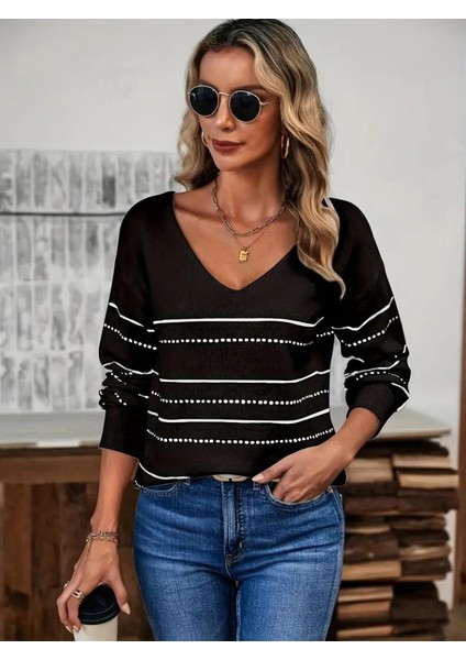 Üçaymoda Kadın Uzun Kollu Derin V Yakalı Çizgi Desenli Triko Bluz modelleri