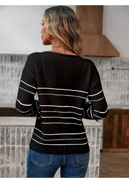Üçaymoda Kadın Uzun Kollu Derin V Yakalı Çizgi Desenli Triko Bluz indirimleri