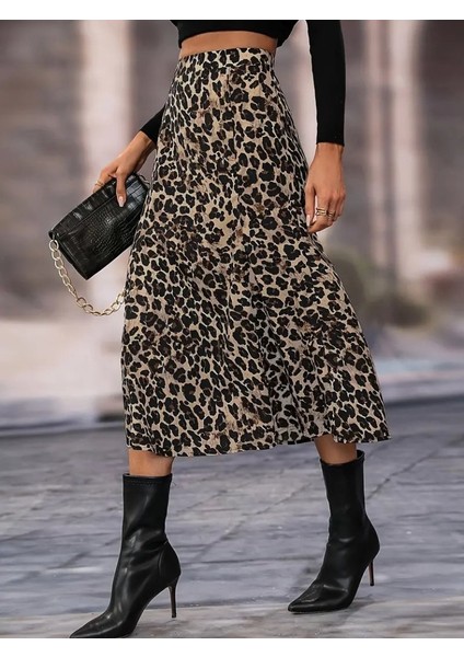 Üçaymoda Kadın Yüksek Bel Leopar Desenli Midi Krep Etek