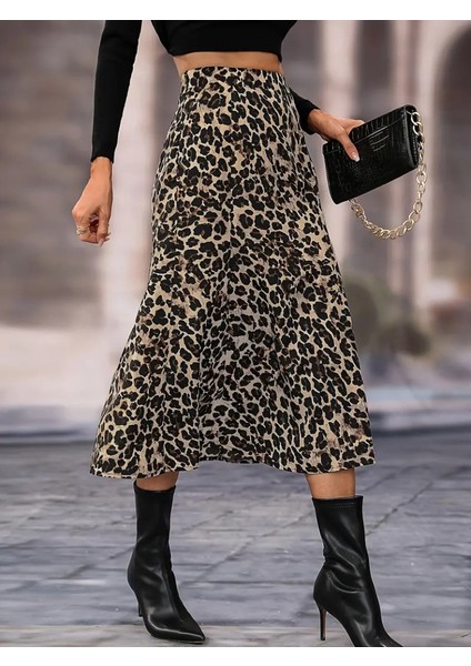 Üçaymoda Kadın Yüksek Bel Leopar Desenli Midi Krep Etek fiyatları