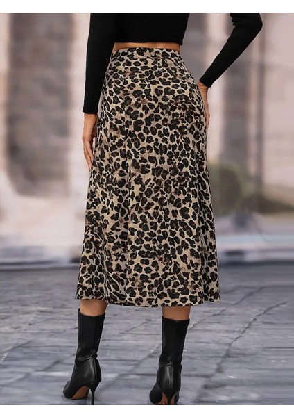 Üçaymoda Kadın Yüksek Bel Leopar Desenli Midi Krep Etek fırsatları