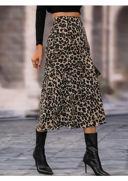 Üçaymoda Kadın Yüksek Bel Leopar Desenli Midi Krep Etek indirimleri