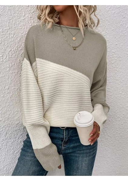 Üçaymoda Kadın Uzun Kollu Blok Desenli Triko Bluz fırsatları