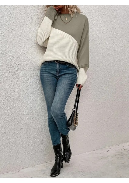 Üçaymoda Kadın Uzun Kollu Blok Desenli Triko Bluz indirimleri