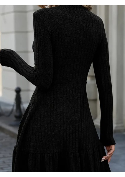 Üçaymoda Kadın Uzun Kollu Bisiklet Yaka Kemersiz Eteği Pileli Şardonlu Kaşkorse Elbise modelleri