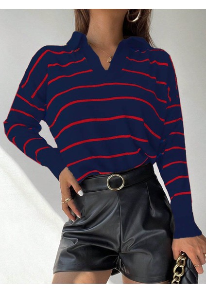 Üçaymoda Kadın Uzun Kollu V Yaka Çizgili Triko Bluz modelleri