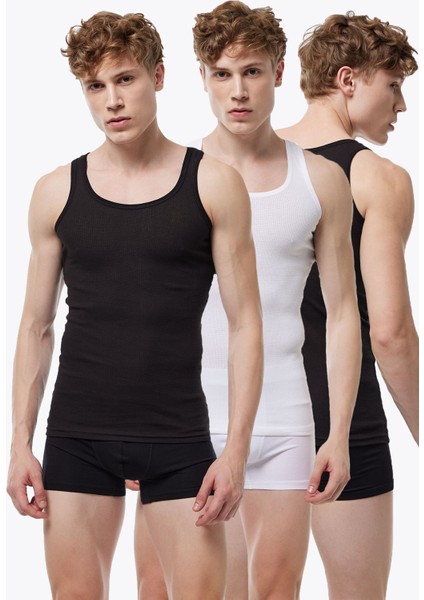 Erkek 3 Lü Siyah Beyaz %100 Pamuk Yazlık Fileli Atlet 3M081