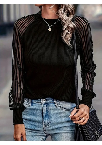 Üçaymoda Kadın Uzun Kollu Tül Detaylı Bisiklet Yakalı Kaşkorse Bluz modelleri