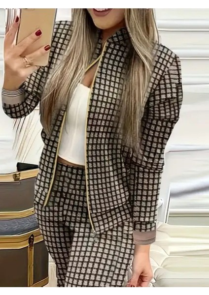 Üçaymoda Kadın Uzun Kollu Önden Fermuarlı Desenli Şardonlu Dalgıç Ceket ve Pantolon Ikili Takım