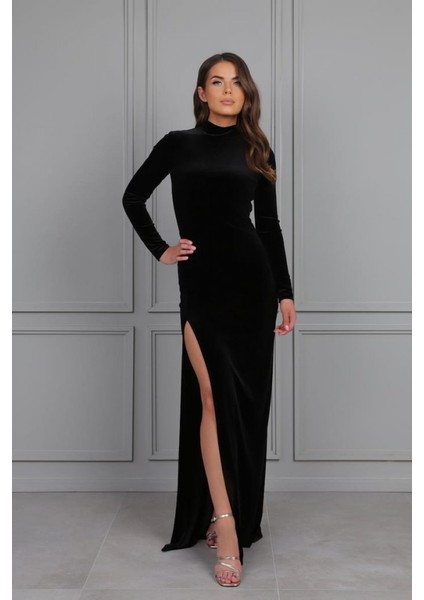 Üçaymoda Kadın Uzun Kollu Yarım Balıkçı Yaka Derin Yırtmaç Detay Krep Tam Boy Elbise