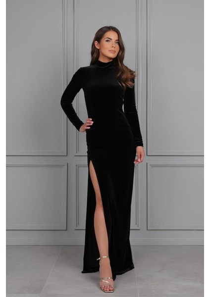 Üçaymoda Kadın Uzun Kollu Yarım Balıkçı Yaka Derin Yırtmaç Detay Krep Tam Boy Elbise