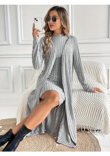 Üçaymoda Kadın Askılı Balıkçı Yaka Kısa Şardonlu Kaşkorse Elbise ve Uzun Kollu Ceket Ikili Takım