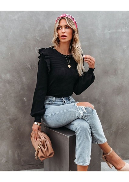 Üçaymoda Kadın Uzun Kollu Bisiklet Yaka Omuzları Fırfırlı Triko Bluz modelleri