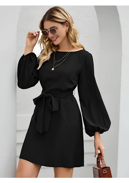 Üçaymoda Kadın Uzun Kollu Kayık Yaka Belden Kuşaklı Kısa Ithal Krep Elbise