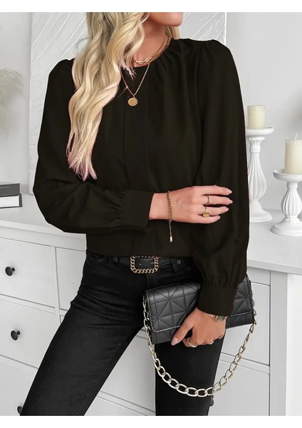 Üçaymoda Kadın Uzun Kollu Bisiklet Yaka Pileli Ithal Krep Bluz fiyatları