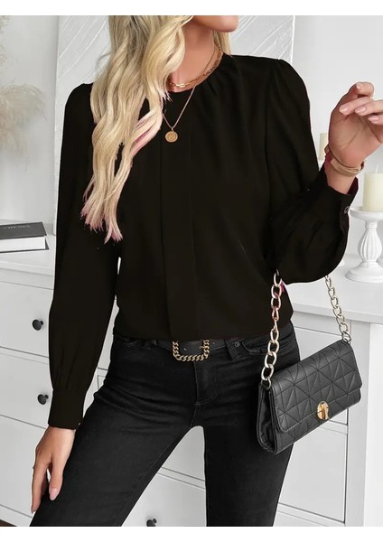 Üçaymoda Kadın Uzun Kollu Bisiklet Yaka Pileli Ithal Krep Bluz modelleri