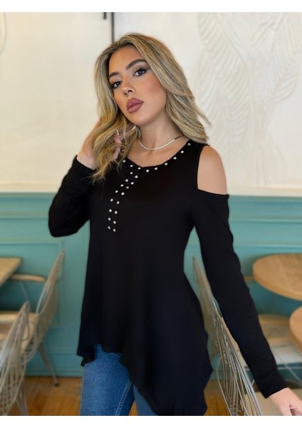 Üçaymoda Kadın Uzun Kollu Bisiklet Yaka Önü Taşlı Omuzu Açık Etek Ucu Asimetrik Kesim Viskon Bluz