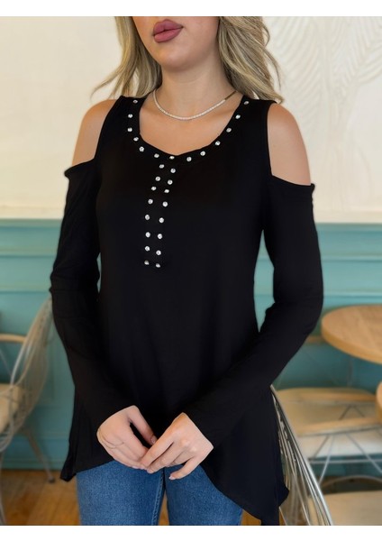 Üçaymoda Kadın Uzun Kollu Bisiklet Yaka Önü Taşlı Omuzu Açık Etek Ucu Asimetrik Kesim Viskon Bluz