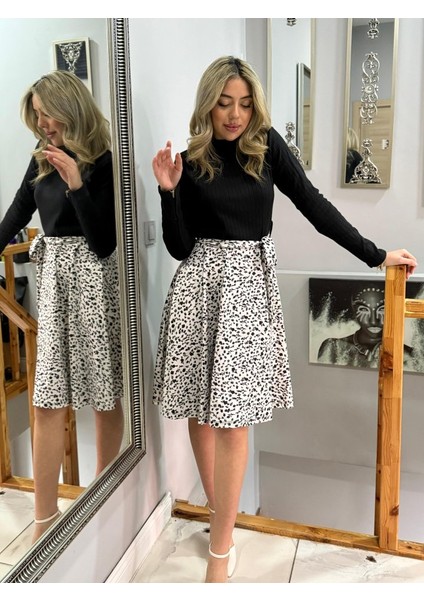 Üçaymoda Kadın Uzun Kollu Balıkçı Yaka Belden Bağlamalı Üst Kaşkorse Eteği Dalgıç Kısa Elbise