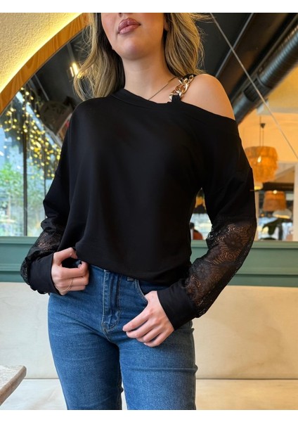 Üçaymoda Kadın Uzun Kollu Tek Omuzu Açık Askılı Toka ve Dantel Detay Viskon Iki Iplik Bluz modelleri