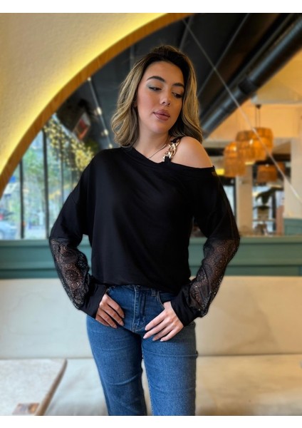 Üçaymoda Kadın Uzun Kollu Tek Omuzu Açık Askılı Toka ve Dantel Detay Viskon Iki Iplik Bluz fırsatları