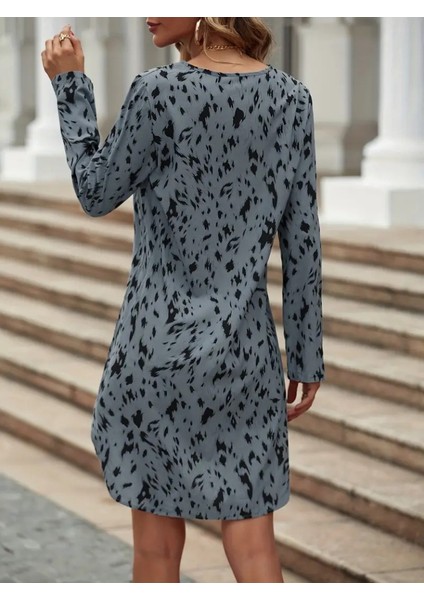 Üçaymoda Kadın Uzun Kollu V Yakalı Desenli Kısa Keten Elbise indirimleri