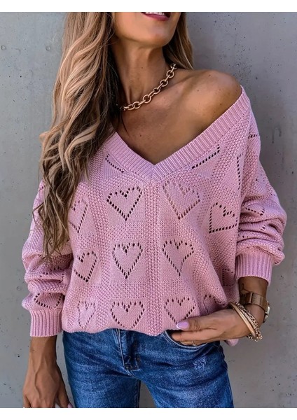 Üçaymoda Kadın Uzun Kollu V Yakalı Kalpli Salaş Triko Bluz