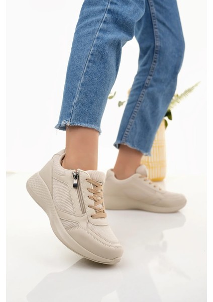 Tempo Ortopedik Fermuarlı Rahat Kadın Spor Ayakkabı Sneaker - Bej