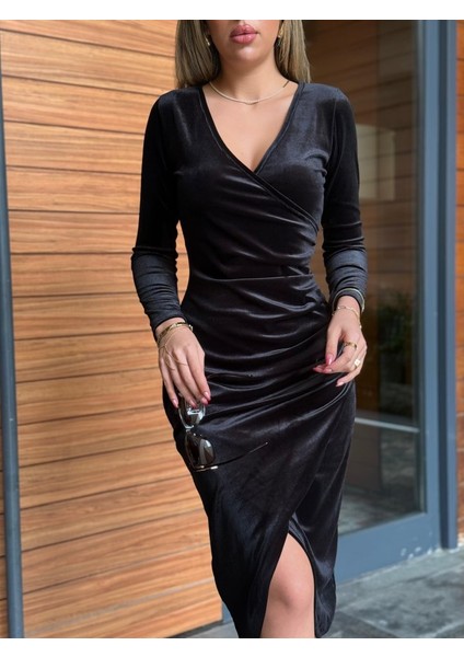 Üçaymoda Kadın Uzun Kollu Kruvaze Yaka Belden Büzgü Detay Midi Kadife Elbise