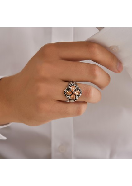 925 Ayar Gümüş Damla Taşlı Turuncu Topaz Işlemeli Yüzük