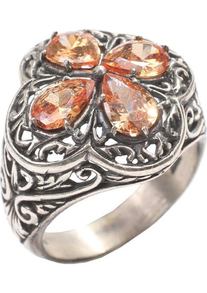 925 Ayar Gümüş Damla Taşlı Turuncu Topaz Işlemeli Yüzük fiyatları