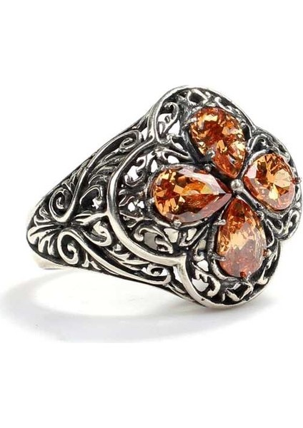 925 Ayar Gümüş Damla Taşlı Turuncu Topaz Işlemeli Yüzük modelleri