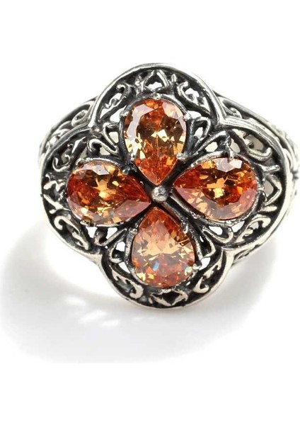 925 Ayar Gümüş Damla Taşlı Turuncu Topaz Işlemeli Yüzük indirimleri