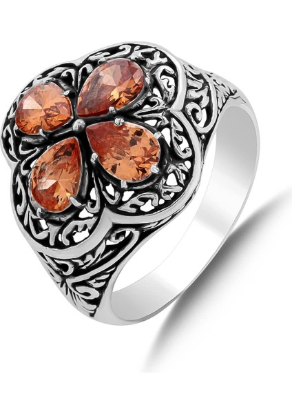 925 Ayar Gümüş Damla Taşlı Turuncu Topaz Işlemeli Yüzük